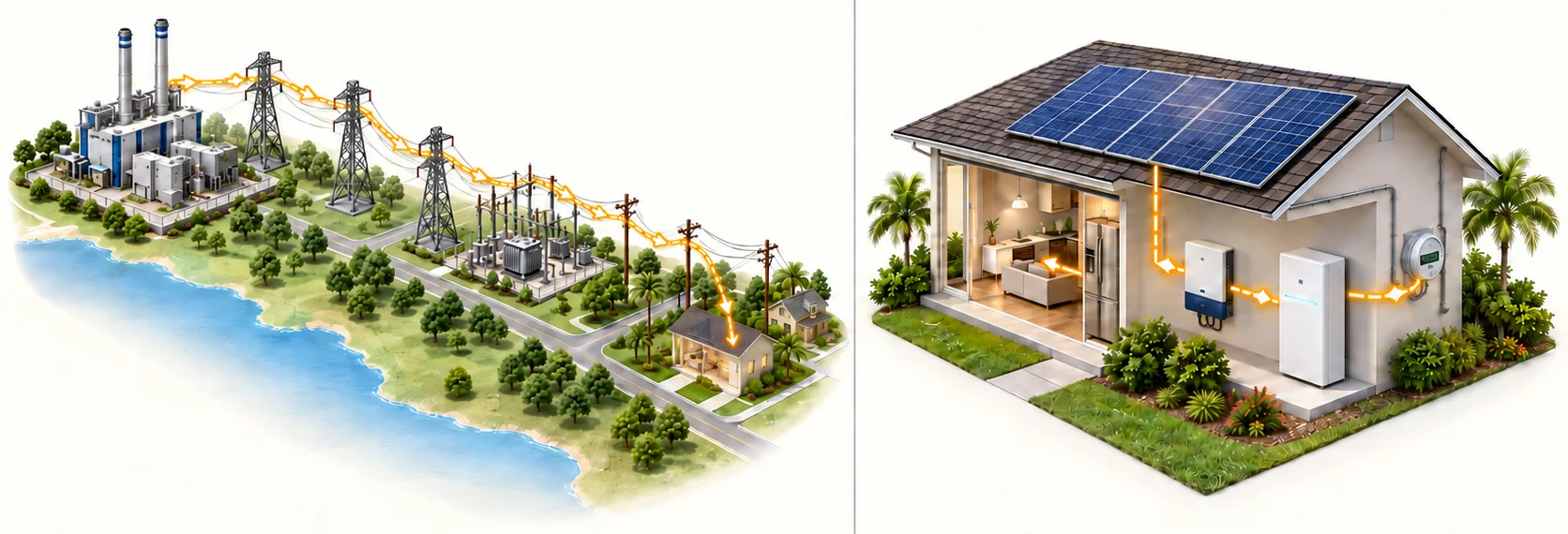 Left: power travels from a power plant through transmission towers, substations and poles to a house with no equipment. Right: a house with its own equipment and battery, where power travels a short path inside the property to the meter.